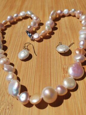 Honora soft pink white Freshwater Coin Pearl necklace and earrings set 925 Sterl